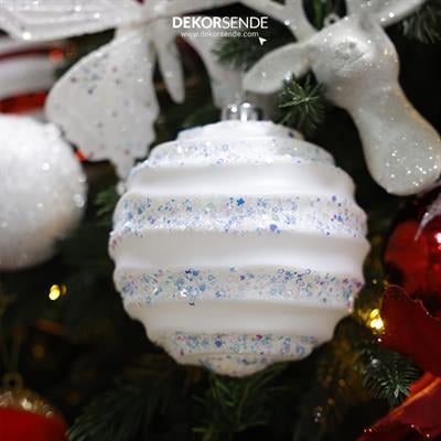 Yılbaşı Ağaç Topu Dalgalı Şerit Candy Beyaz 15 cm
