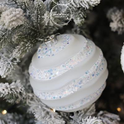 Yılbaşı Ağaç Topu Dalgalı Şerit Candy Beyaz 15 cm