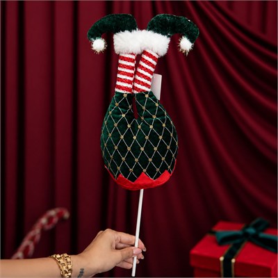 Yılbaşı Süsü Elf Ayağı Kadife ve Desenli Çubuklu Yeşil 54 cm