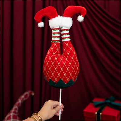 Yılbaşı Süsü Kadife ve Desenli Çubuklu Elf Ayağı Kırmızı 54 cm