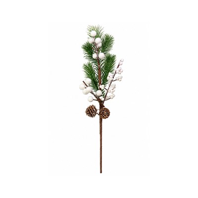 Yılbaşı Süsü İğne Çam Dalı Karlı Berry ve Kozalaklı Beyaz 40 cm