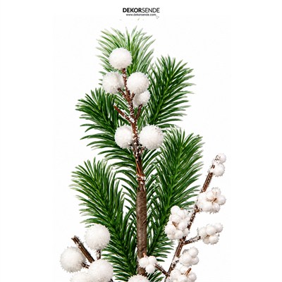 Yılbaşı Süsü İğne Çam Dalı Karlı Berry ve Kozalaklı Beyaz 40 cm