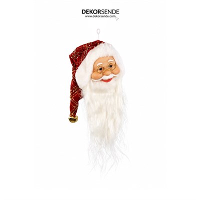 Yılbaşı Süsü Mini Ekoseli Kürk Detaylı Noel Baba Kafası Kırmızı-Altın 25 cm