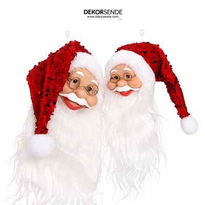 Yılbaşı Süsü Payetli Şapkalı Noel Baba Kafası Kırmızı 32 cm