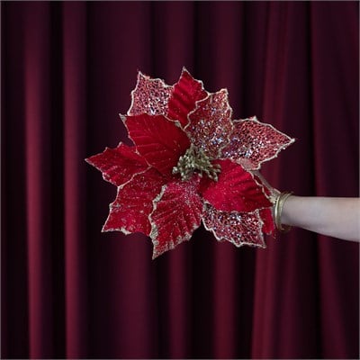 Yılbaşı Süsü Ponsetya Dantel Desen Kırmızı 35 cm