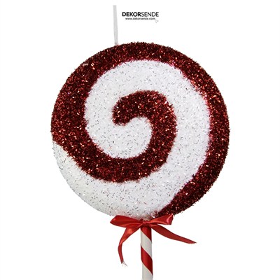 Yılbaşı Süsü Şeker Lolipop Dal Simli Dönence Kırmızı Beyaz 54 cm