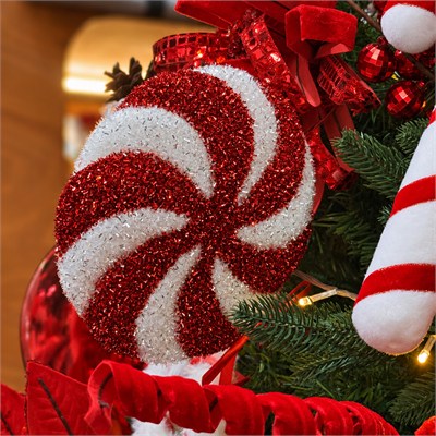 Yılbaşı Süsü Şeker Lolipop Dal Simli Spiral Kırmızı Beyaz 48 cm