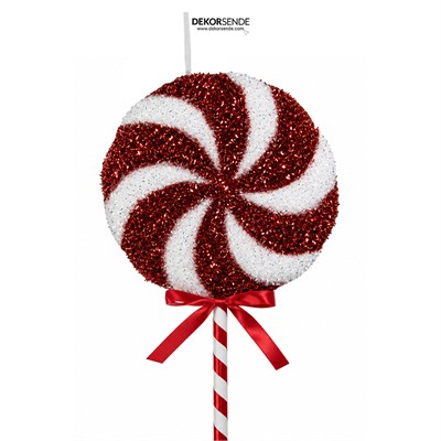 Yılbaşı Süsü Şeker Lolipop Dal Simli Spiral Kırmızı Beyaz 48 cm