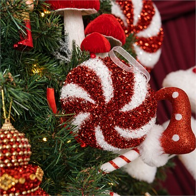 Yılbaşı Süsü Şeker Lolipop Dal Simli Spiral Kırmızı Beyaz 40 cm