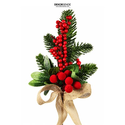 Yılbaşı Süsü Pike Dal Yeşil Yapraklı Berry ve Hasır Fiyonklu Kırmızı 32 cm