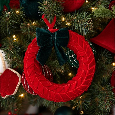 Yılbaşı Yeşil Fiyonklu Kadife Örgü Çember / Çelenk Süs Kırmızı 22 cm