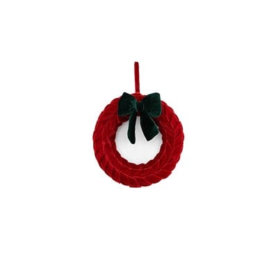 Yılbaşı Yeşil Fiyonklu Kadife Örgü Çember / Çelenk Süs Kırmızı 22 cm