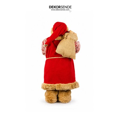 Yılbaşı Noel Baba Yün Örme Cübbeli ve Peluşlu Ayakta Kırmızı 60 cm