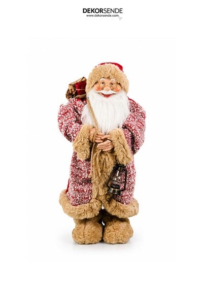Yılbaşı Yün Örme Cübbeli ve Peluşlu Ayakta Noel Baba Figürü Kırmızı 60 cm