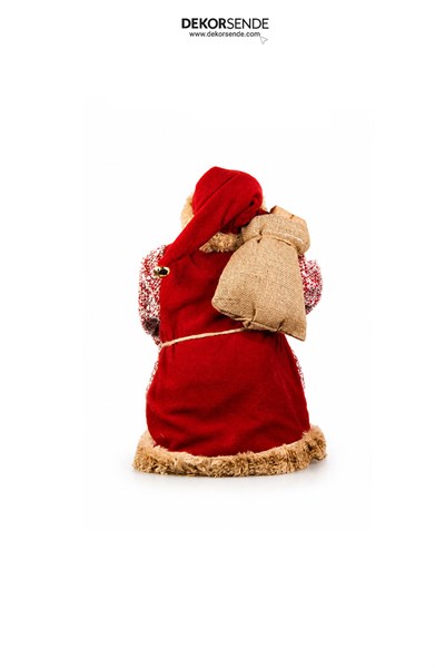 Yılbaşı Yün Örme Cübbeli ve Peluşlu Ayakta Noel Baba Figürü Kırmızı 60 cm