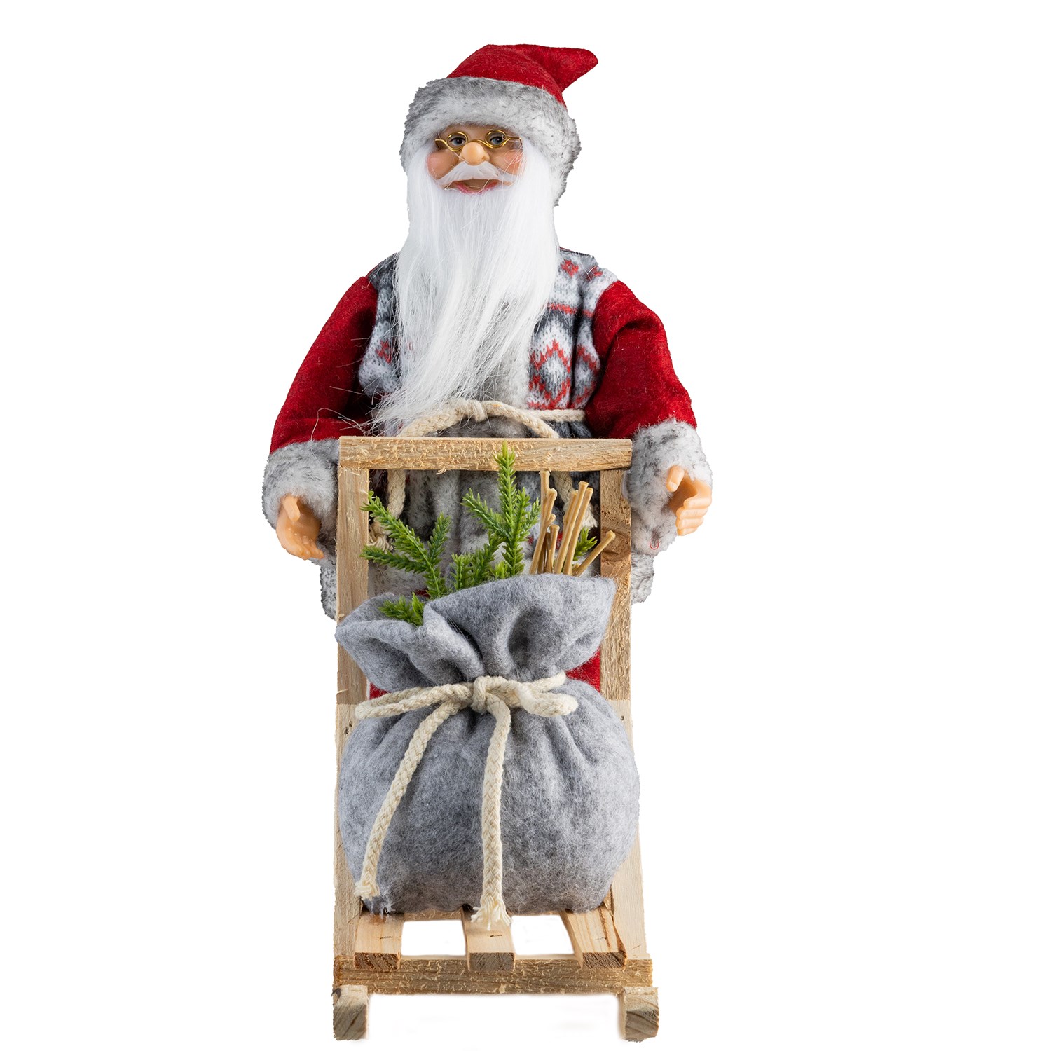 Kızaklı Ayakta Noel Baba Kırmızı-Gri 32 cm - Noel Baba ve Figürler