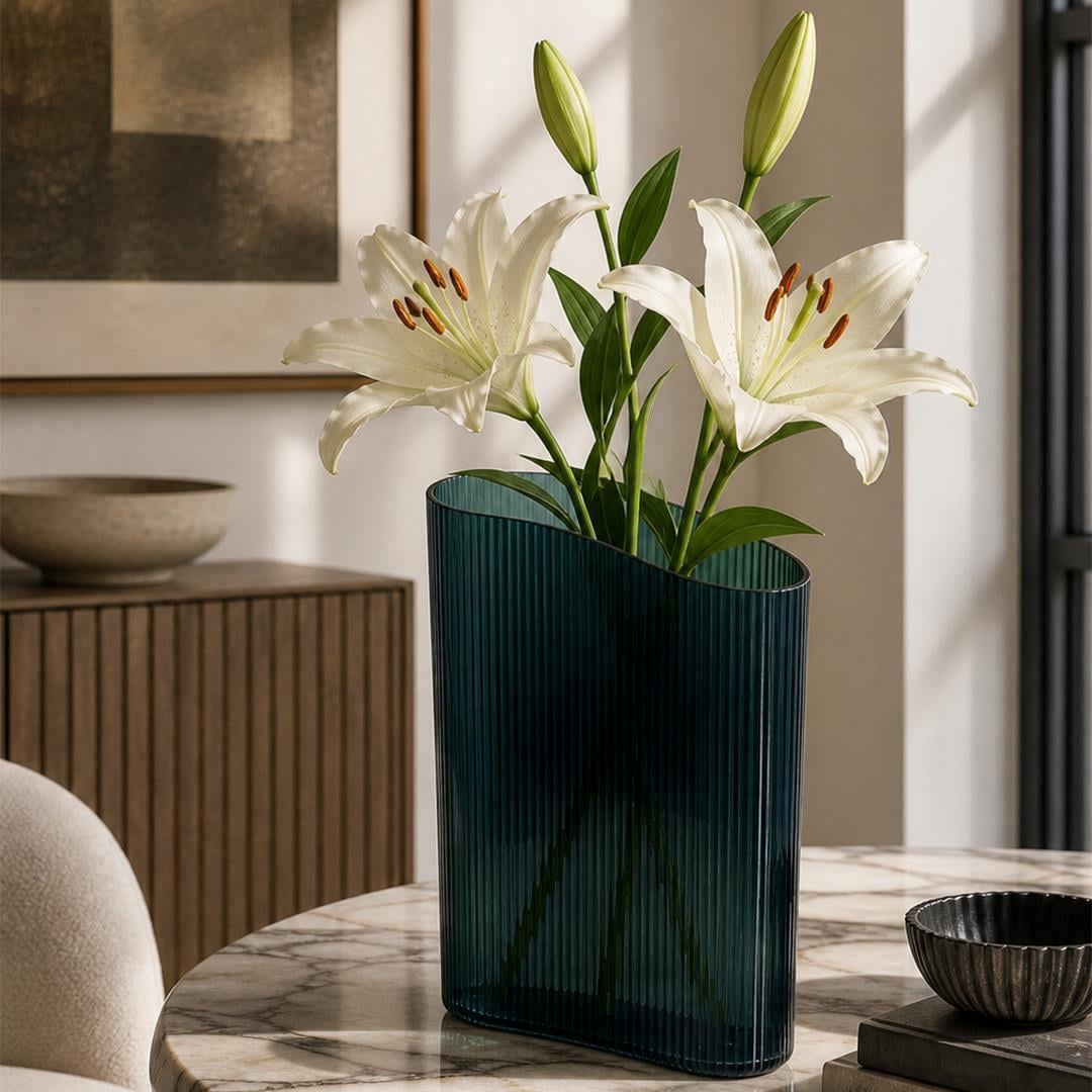 Nervürlü Geometrik Cam Vazo Füme 28 cm - Cam Ürünler