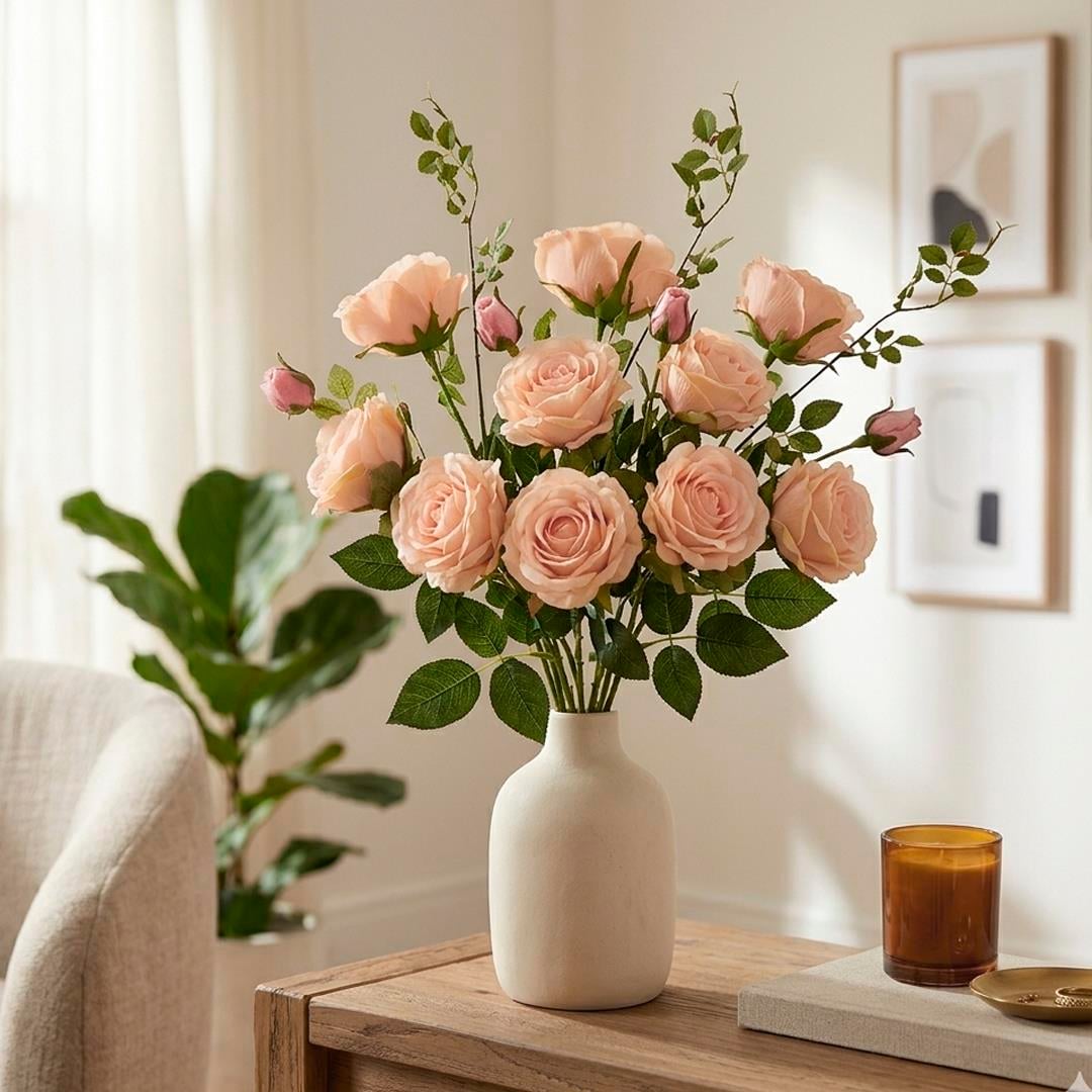 Yapay 3 Kafalı Açmış Bahçe Gül Dal Pembe 66 cm - Yapay Çiçek Dalları ve Demetleri