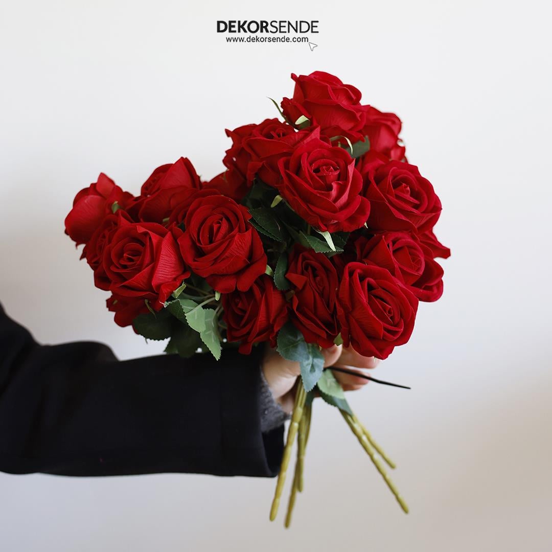 Yapay 7'li Gül Demeti Kadife Dokulu 38 cm - Yapay Çiçek Dalları ve Demetleri