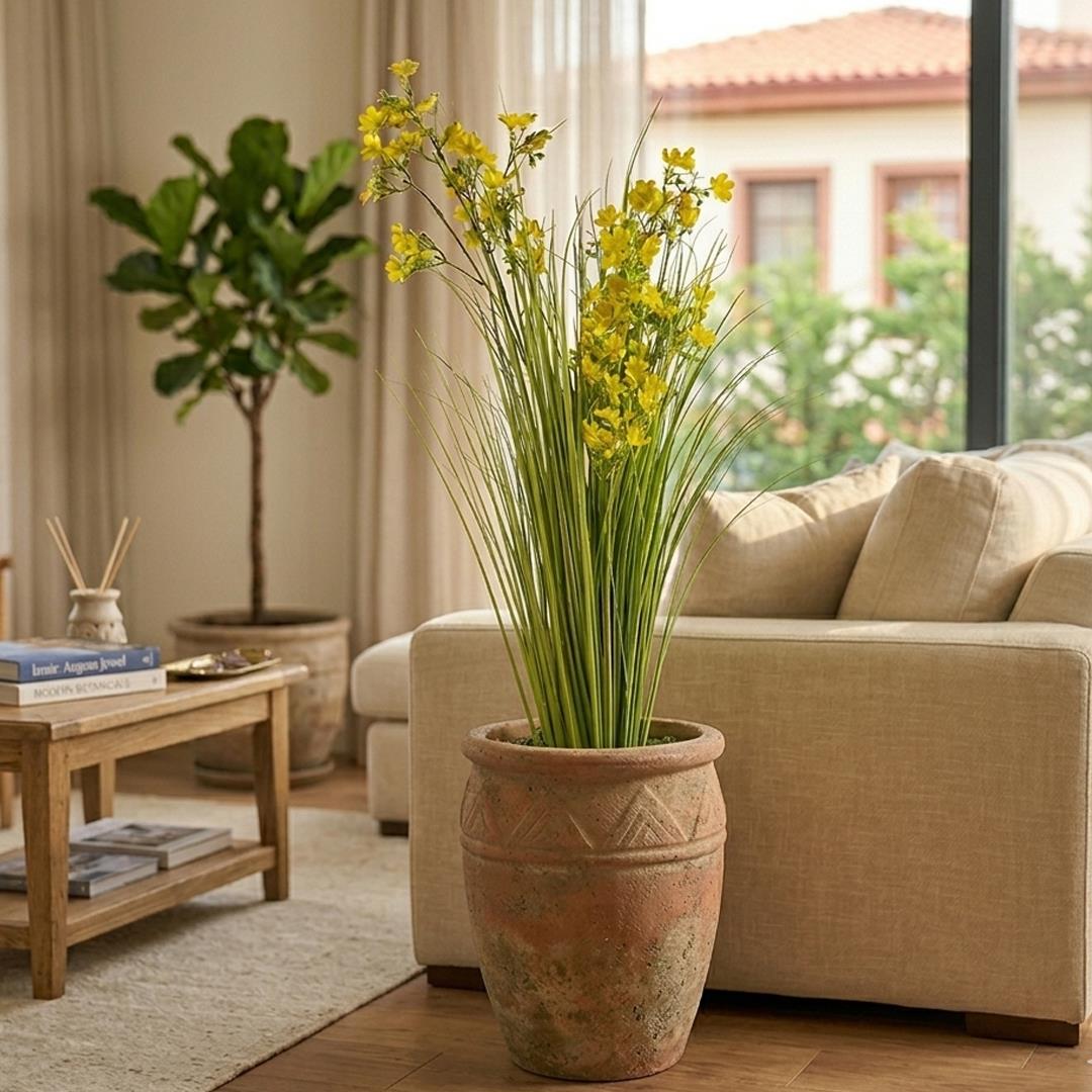 Yapay Sarı Çiçekli Grass Demeti Yeşil 75 cm - Yapay Çiçek Dalları ve Demetleri