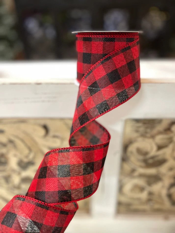 Yılbaşı Ağaç Kurdelesi Lüks Kumaş Ekose Kırmızı Siyah 6cm x 2m - Yılbaşı Aksesuarları