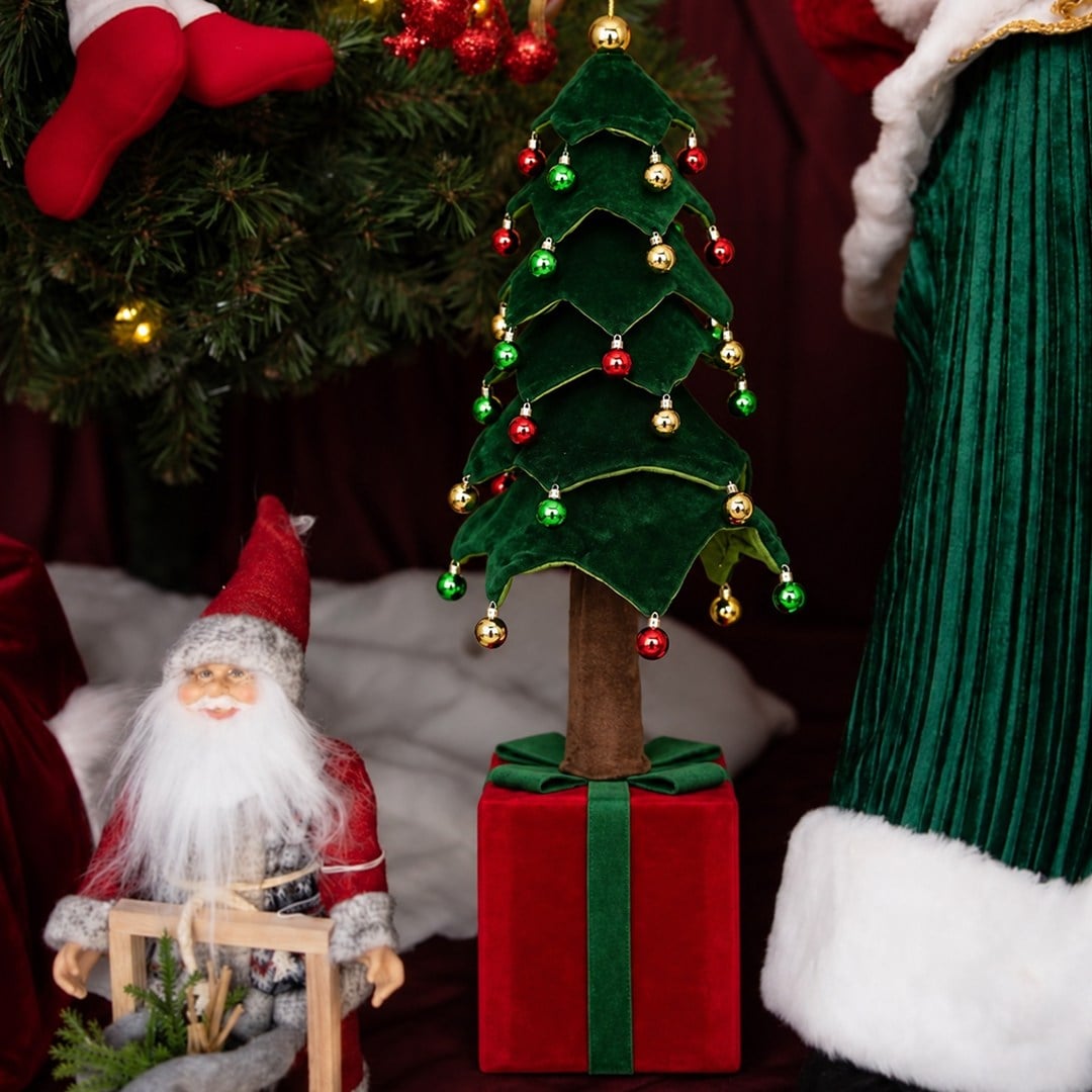 Yılbaşı Ağacı Süslü Kadife Yeşil Kırmızı 110 cm - Çam Ağacı ve Garland