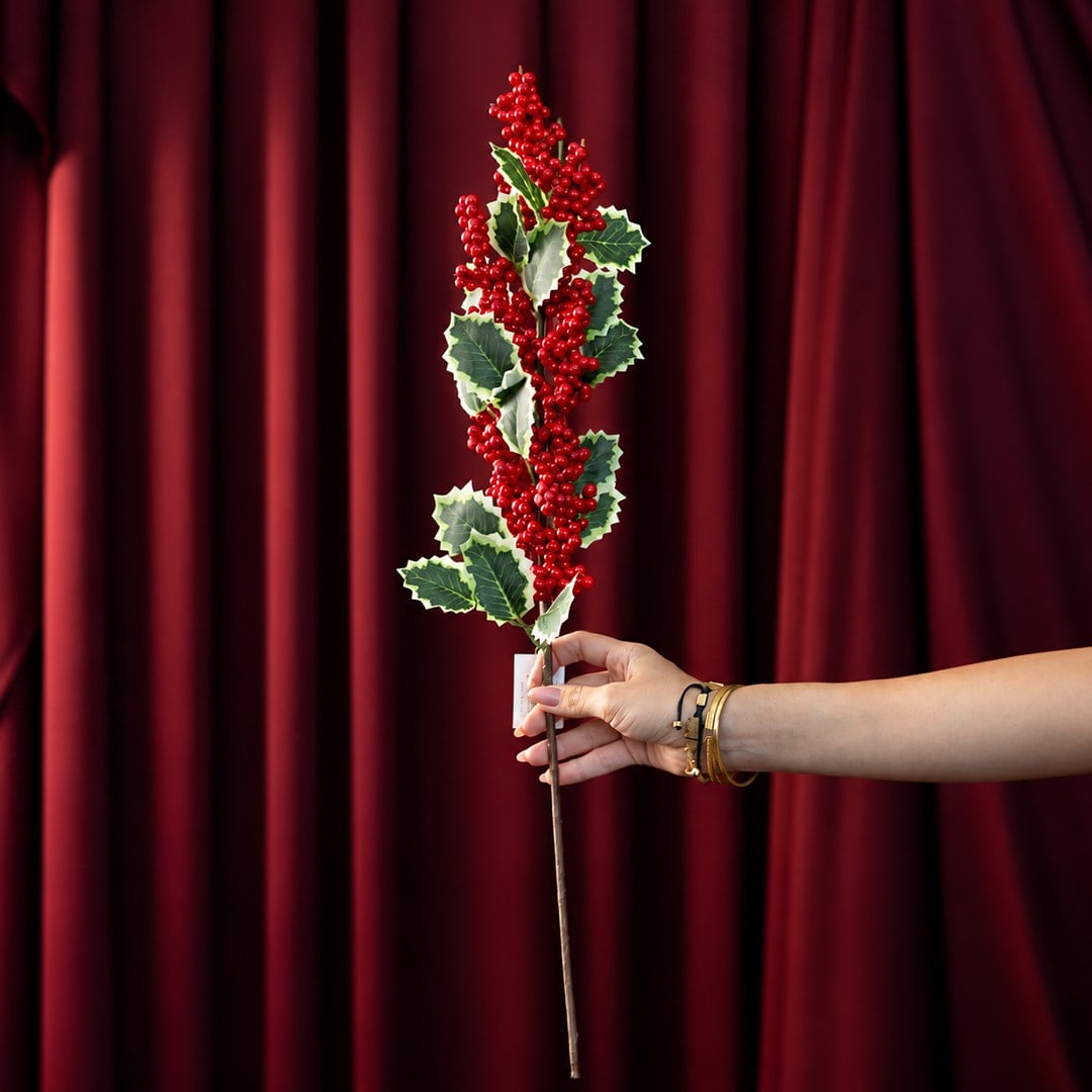 Yılbaşı Süsü Pike Dal Berry Alacalı Yapraklı Kırmızı 75 cm