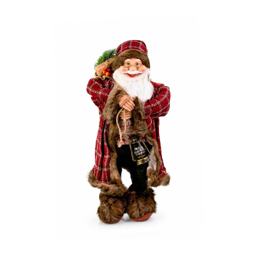 Yılbaşı Ekoseli Kahverengi Kürklü Noel Baba Figürü Kırmızı 60 cm - Kategorisiz