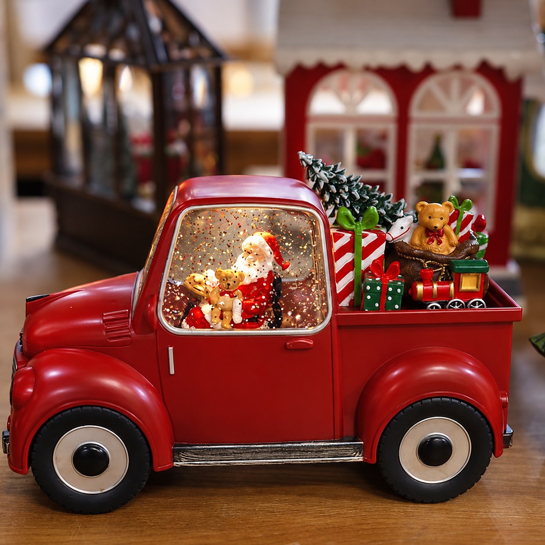 Yılbaşı Kar Küresi Noel Baba Işıklı Araba Kırmızı 22 cm - Yılbaşı Aksesuarları