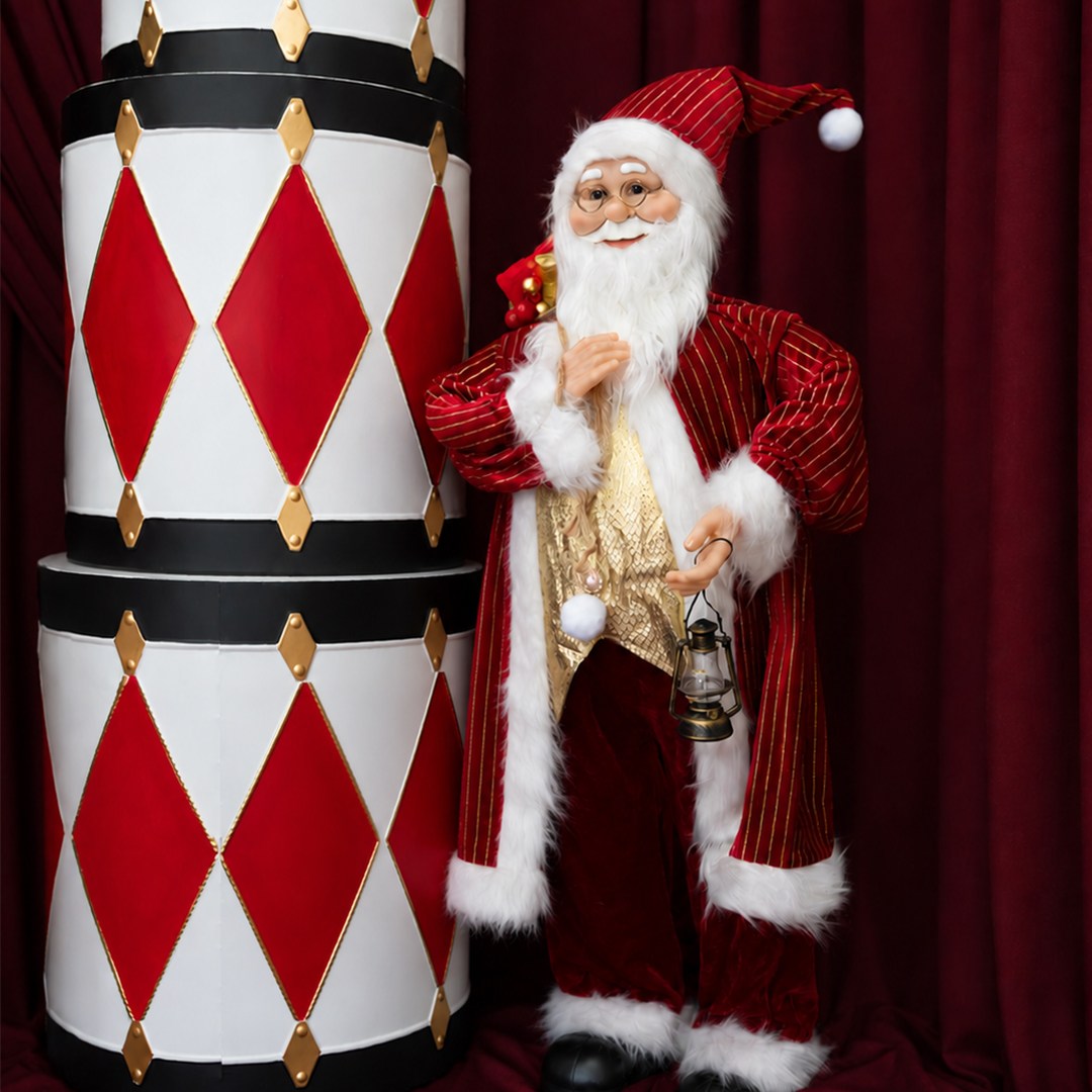Yılbaşı Noel Baba Kadife Altın Çizgili Kırmızı 90 cm - Noel Baba ve Figürler