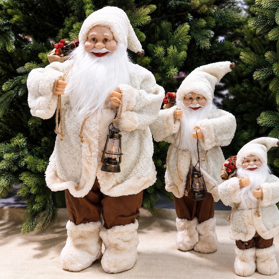 Yılbaşı Polar Ceketli Fenerli Noel Baba Bej 60 cm