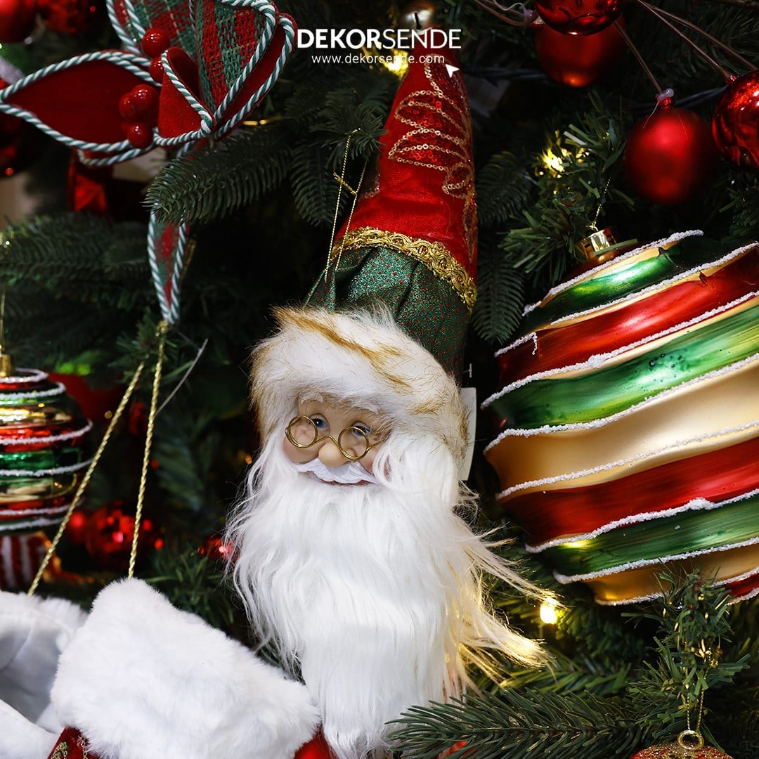 Yılbaşı Süs İşlemeli Şapka Noel Baba Kafası Yeşil Kırmızı 45 cm - Kapı Süsleri