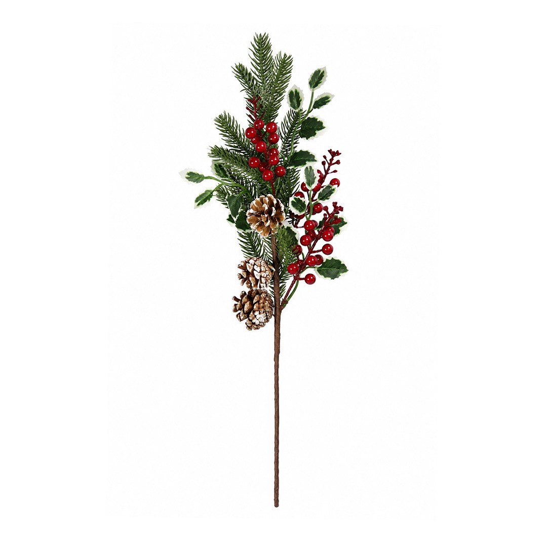 Yılbaşı Süsü Alacalı Yapraklı Kozalaklı ve Kırmızı Berry Dal 62 cm - Kategorisiz