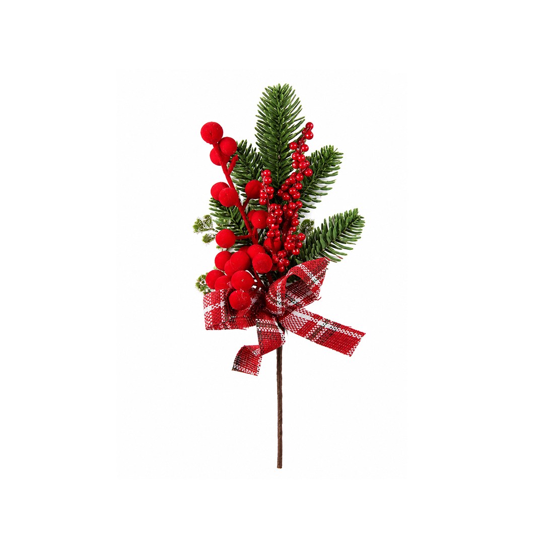 Yılbaşı Süsü Berry ve Ekose Kurdeleli Çam Pike Kırmızı 32 cm - Kategorisiz