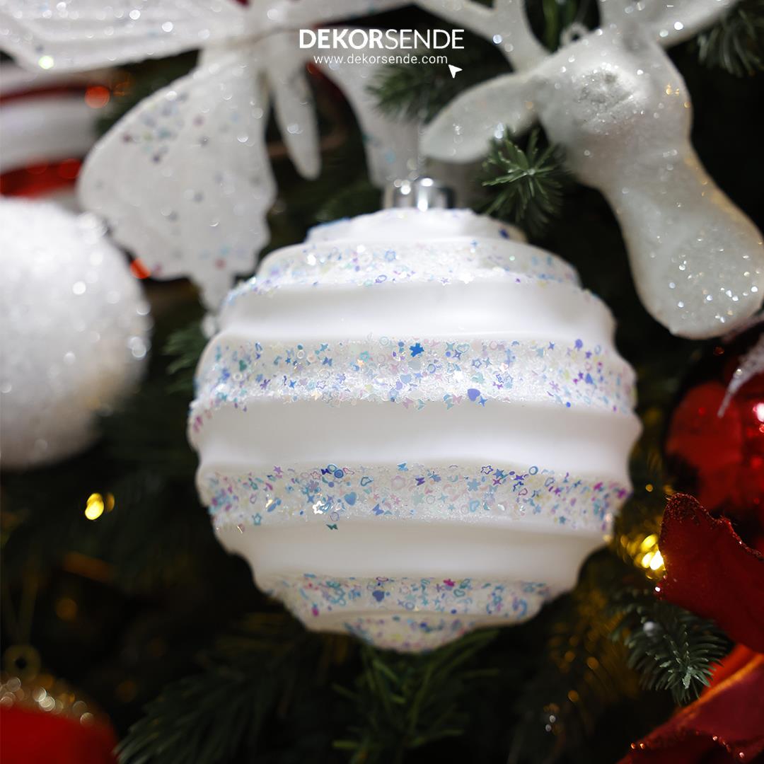Yılbaşı Ağaç Topu Dalgalı Şerit Candy Beyaz 15 cm