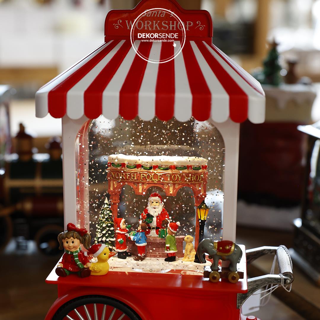 Yılbaşı Süsü Işıklı Noel Baba Arabası Kar Küresi Kırmızı 25 cm