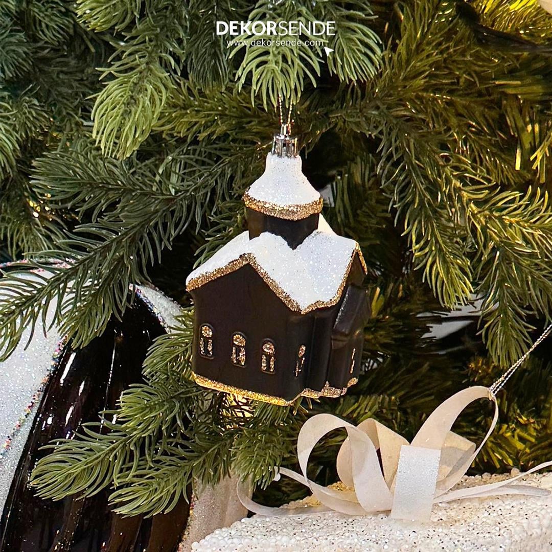 Yılbaşı Ağaç Süsü Parlak Mat Ev Modeli Siyah Beyaz 8x6 cm