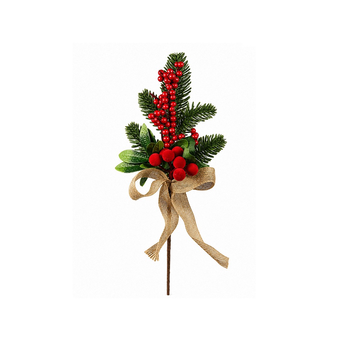 Yılbaşı Süsü Yeşil Yapraklı Berry ve Hasır Fiyonklu Pike Kırmızı 32 cm - Kategorisiz