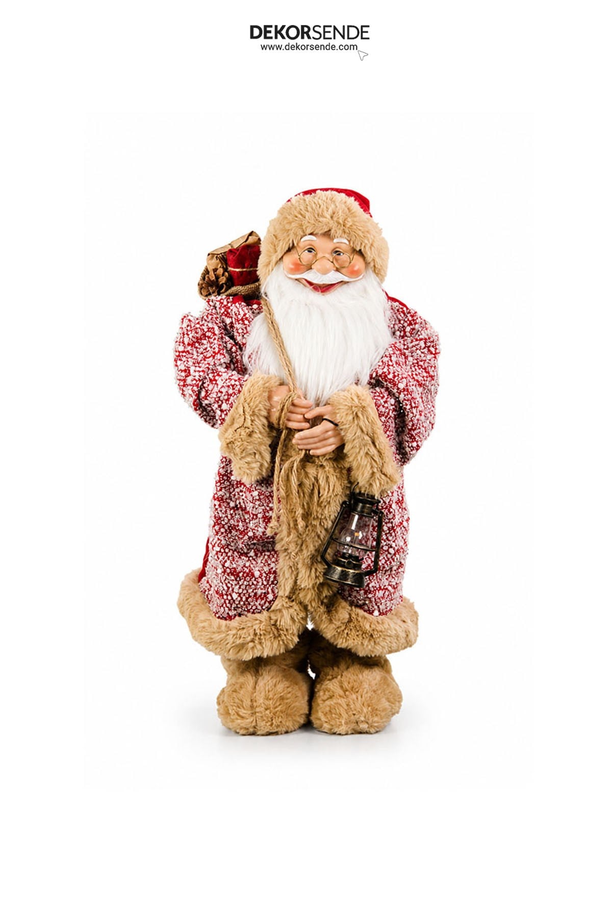 Yılbaşı Yün Örme Cübbeli ve Peluşlu Ayakta Noel Baba Figürü Kırmızı 60 cm - Kategorisiz