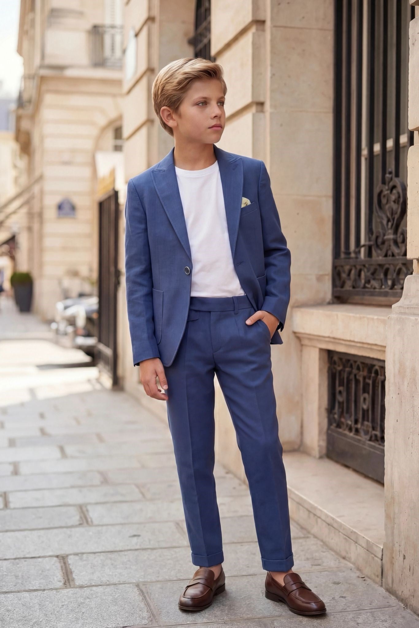 Erkek Çocuk indigo Keten Krep Takım Elbise  Blazer Ceket Pantolon Pamuklu Tişörtlü Şık Kombin 8-14 Yaş