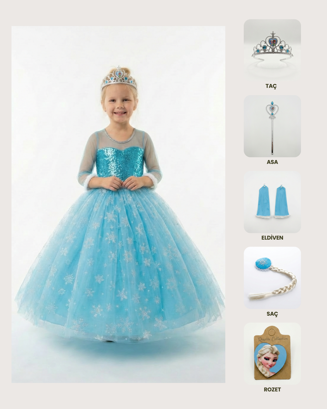 Frozen Elsa Kostümü Uzun Kollu Kız Çocuk Prenses Elbisesi Taç+Asa+Saç+Eldiven+Rozet Hediyeli