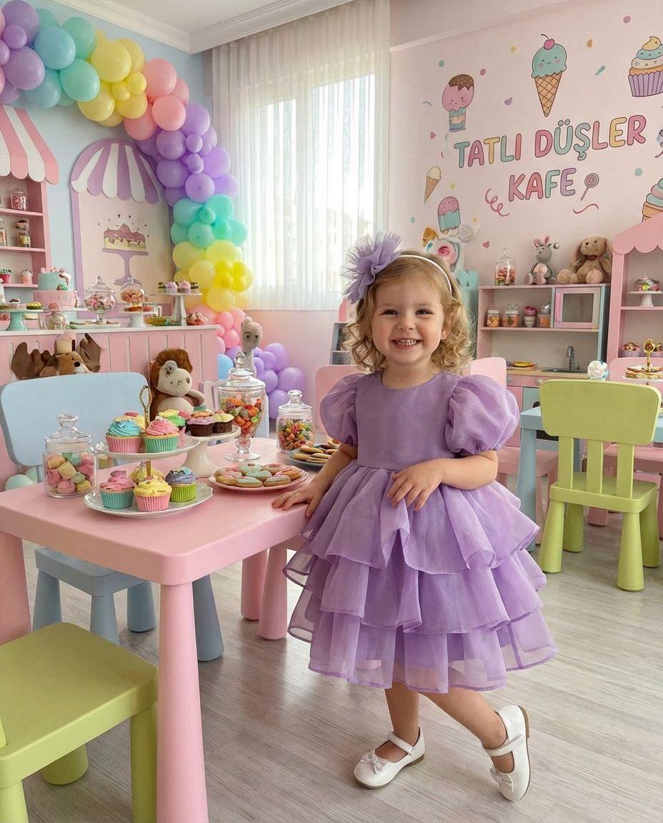 Kız Bebek Caroline Kumaş Lavanta Karpuz Kollu Kat Etekli Abiye Elbise Taç Hediyeli 1-5 Yaş