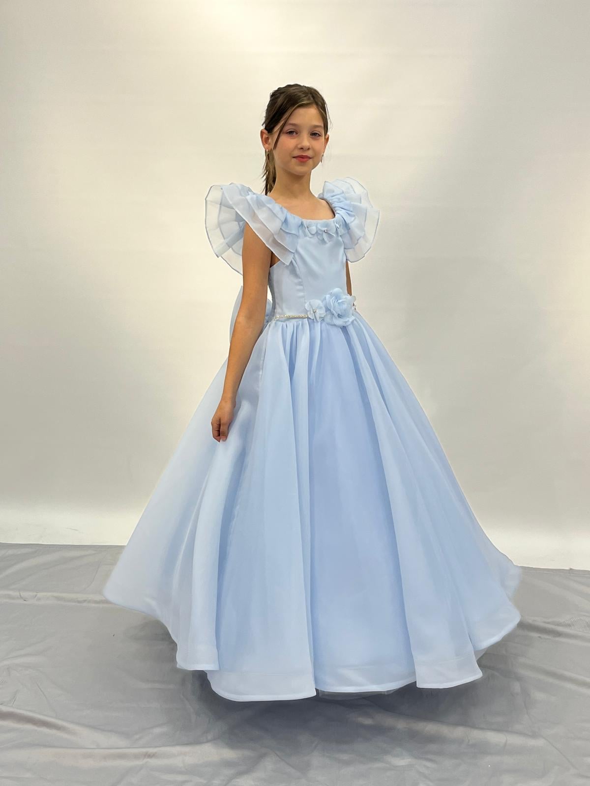 Kız Çocuk Abiye Mavi Kolları Fırfırlı Kasnaklı Gelinlik 2-11 Yaş