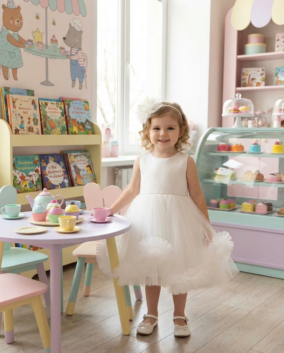 Kız Çocuk Tüllü Beyaz Abiye Elbise Volanlı Etek Prenses Model Abiye Elbise Taç Hediyeli 1-5 Yaş