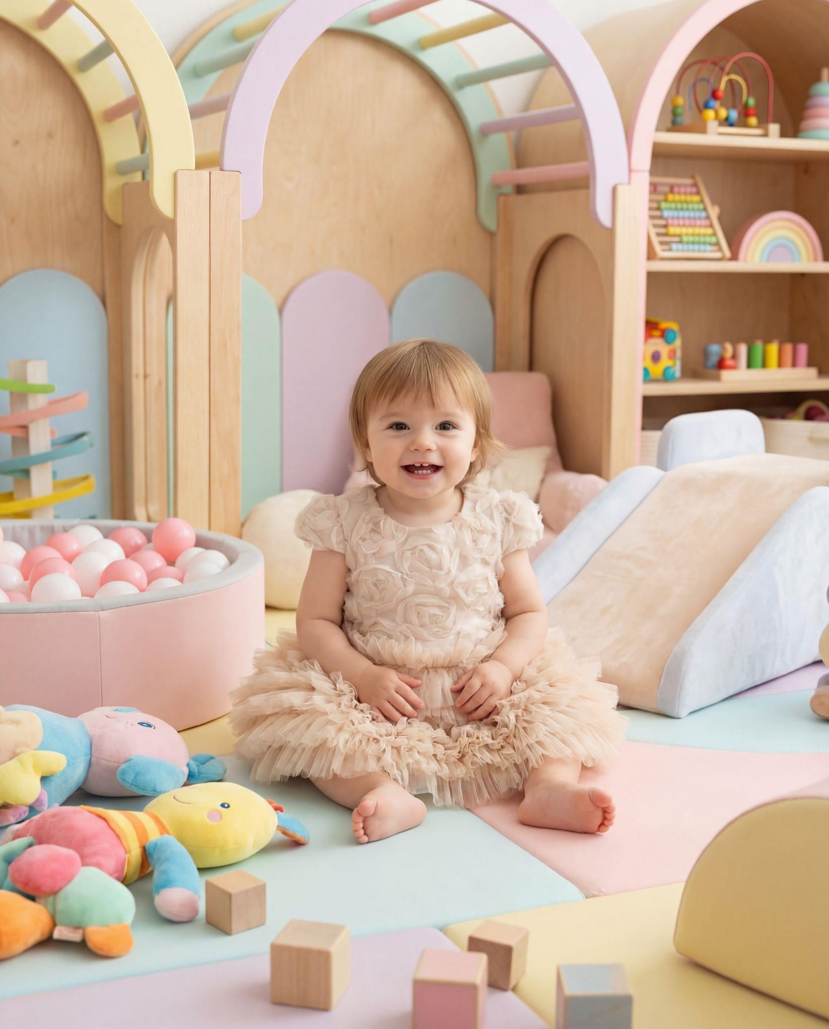 Kız Bebek Gül Detaylı Kat Kat Tül Abiye Elbise Ekru 9-36 Ay