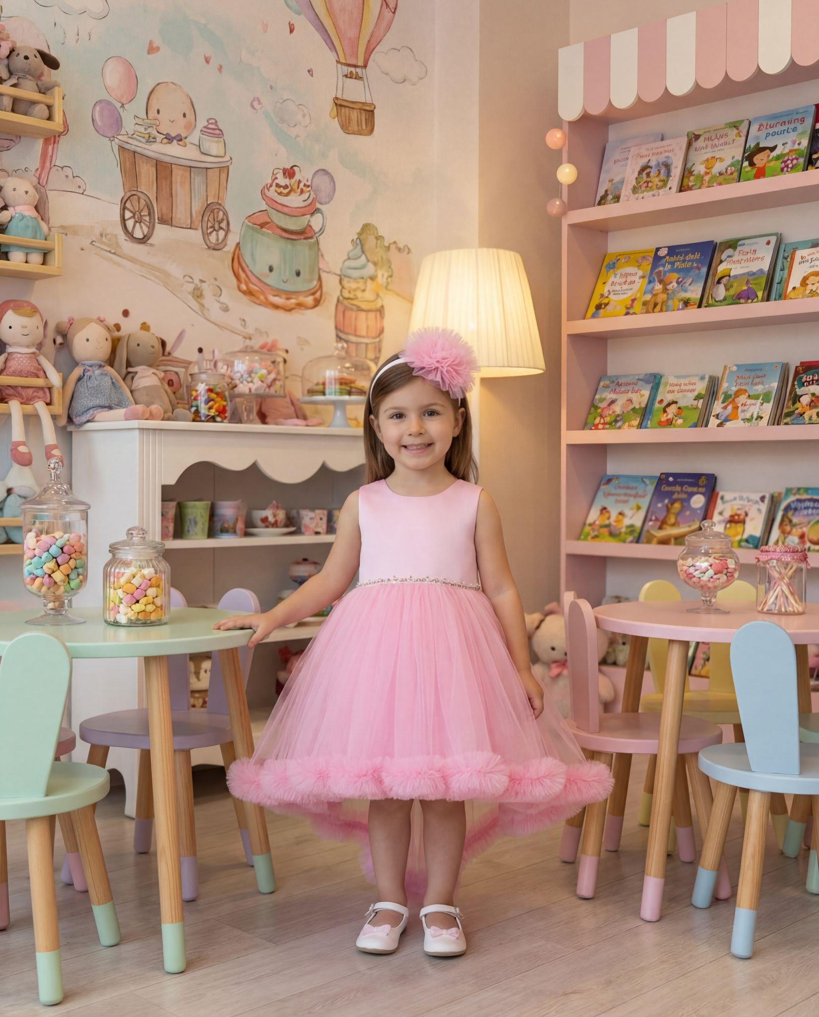 Kız Çocuk Pembe Kuyruklu Tüllü Volanlı Taç Hediyeli Abiye Elbise 2-6 Yaş