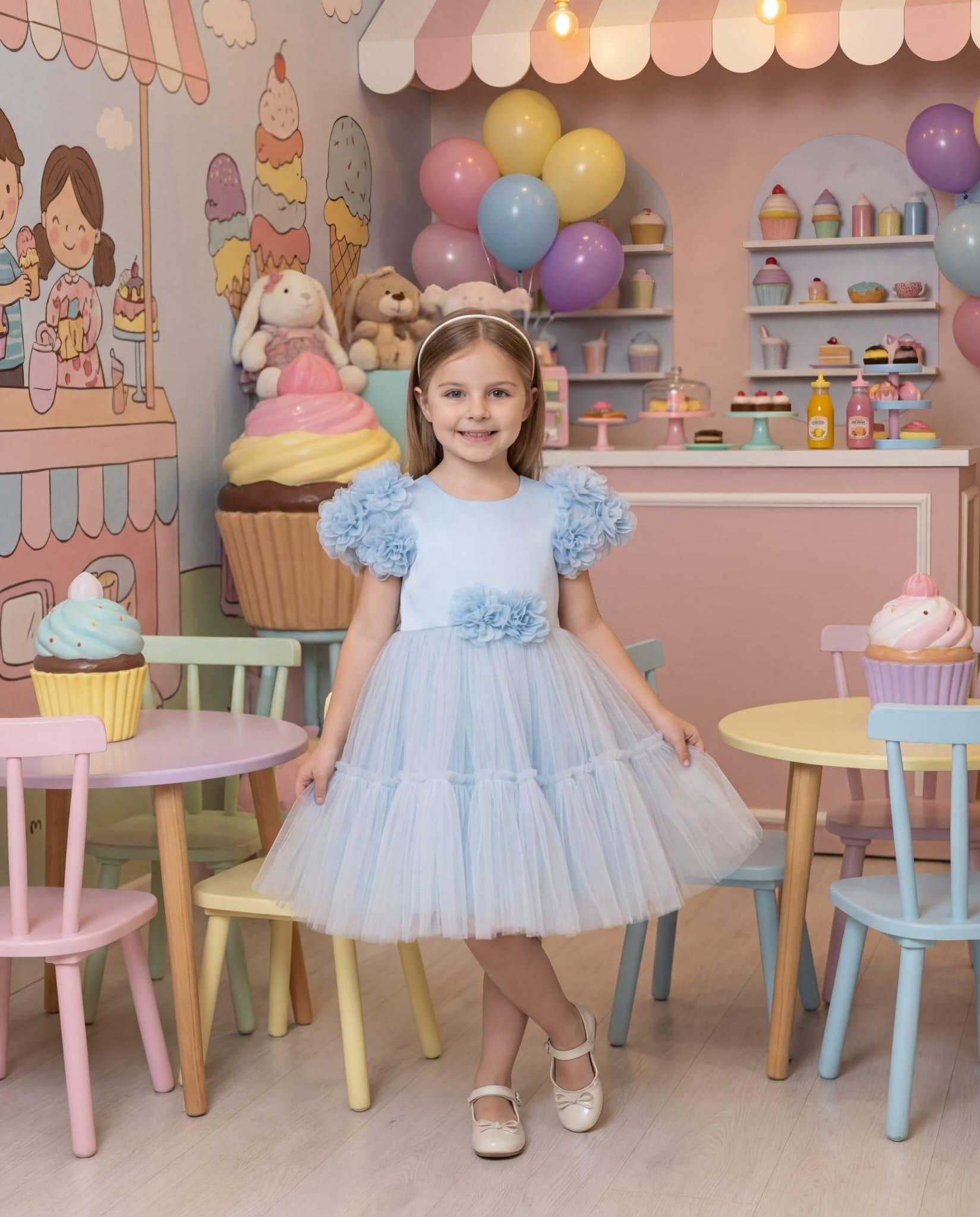 Kız Çocuk Çiçek Detaylı Kat Kat Tül Abiye Elbise Bebe Mavi 2-6 Yaş