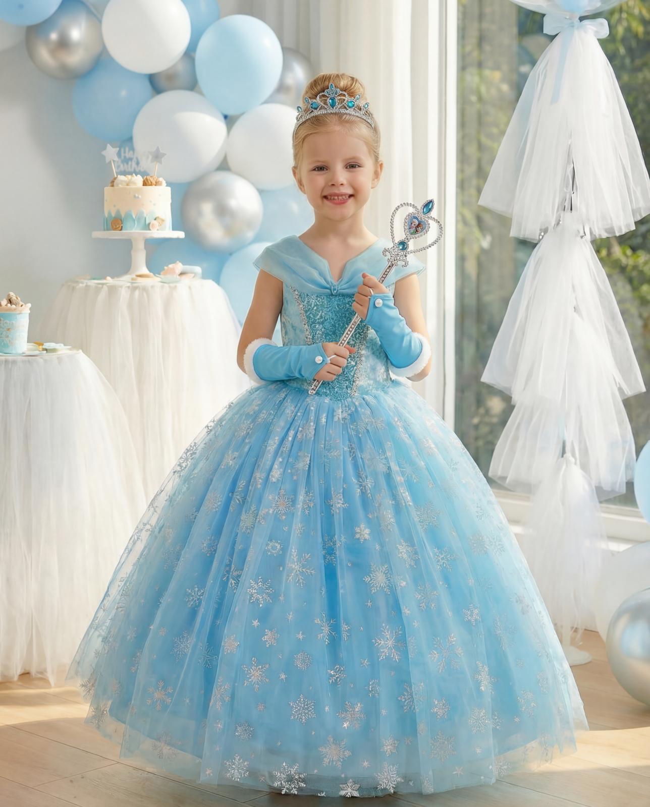 Kız Çocuk Kostüm Mavi Elsa Frozen   Düşük Omuz Detaylı Kasnaklı Kabarık Elsa Kostüm 3-8 Yaş