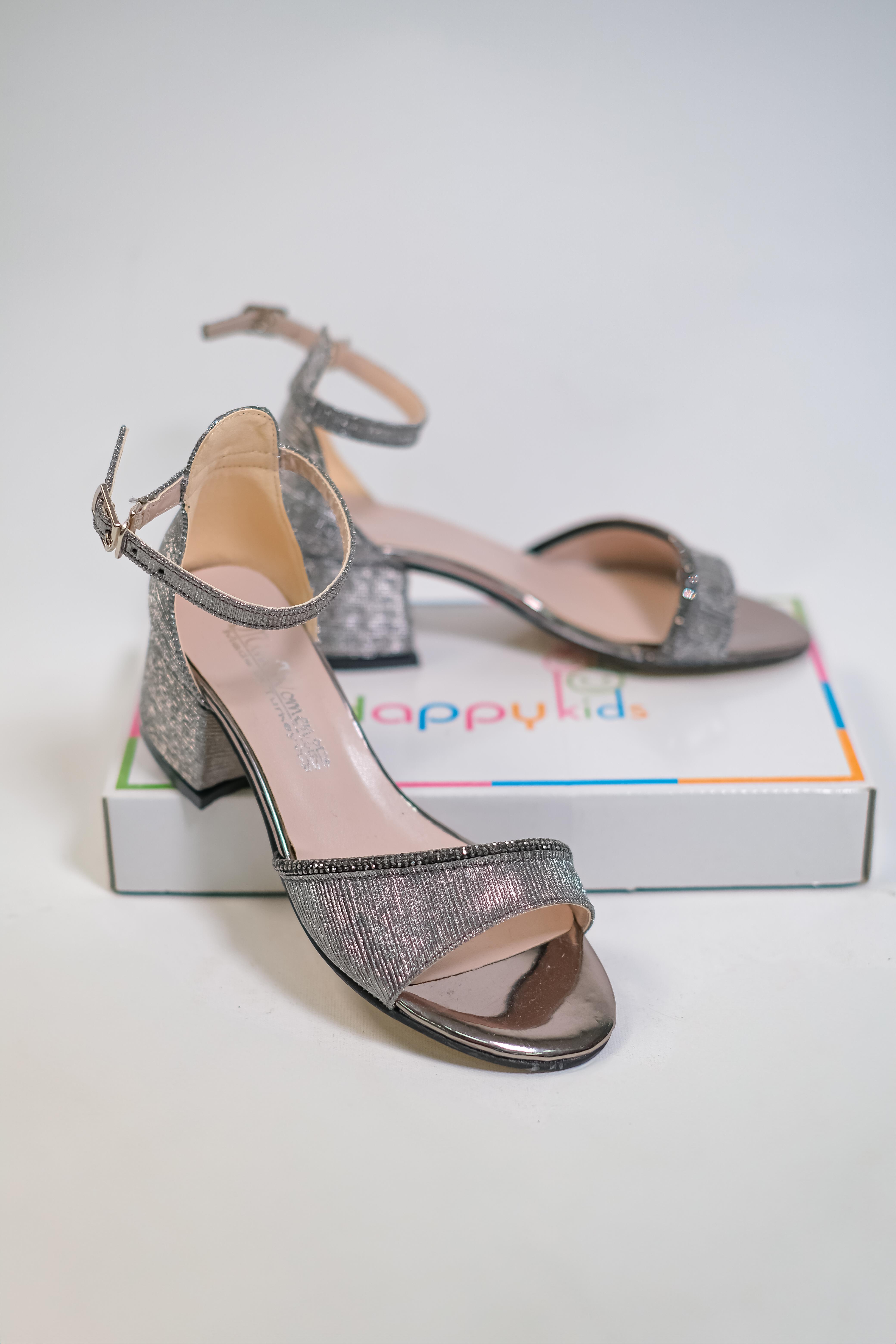 Kız Çocuk Abiye Ayakkabı  Çizgili SuTaşlı Platin Mezüniyet-Düğün Topuklu ÇocukAbiye Ayakkabı