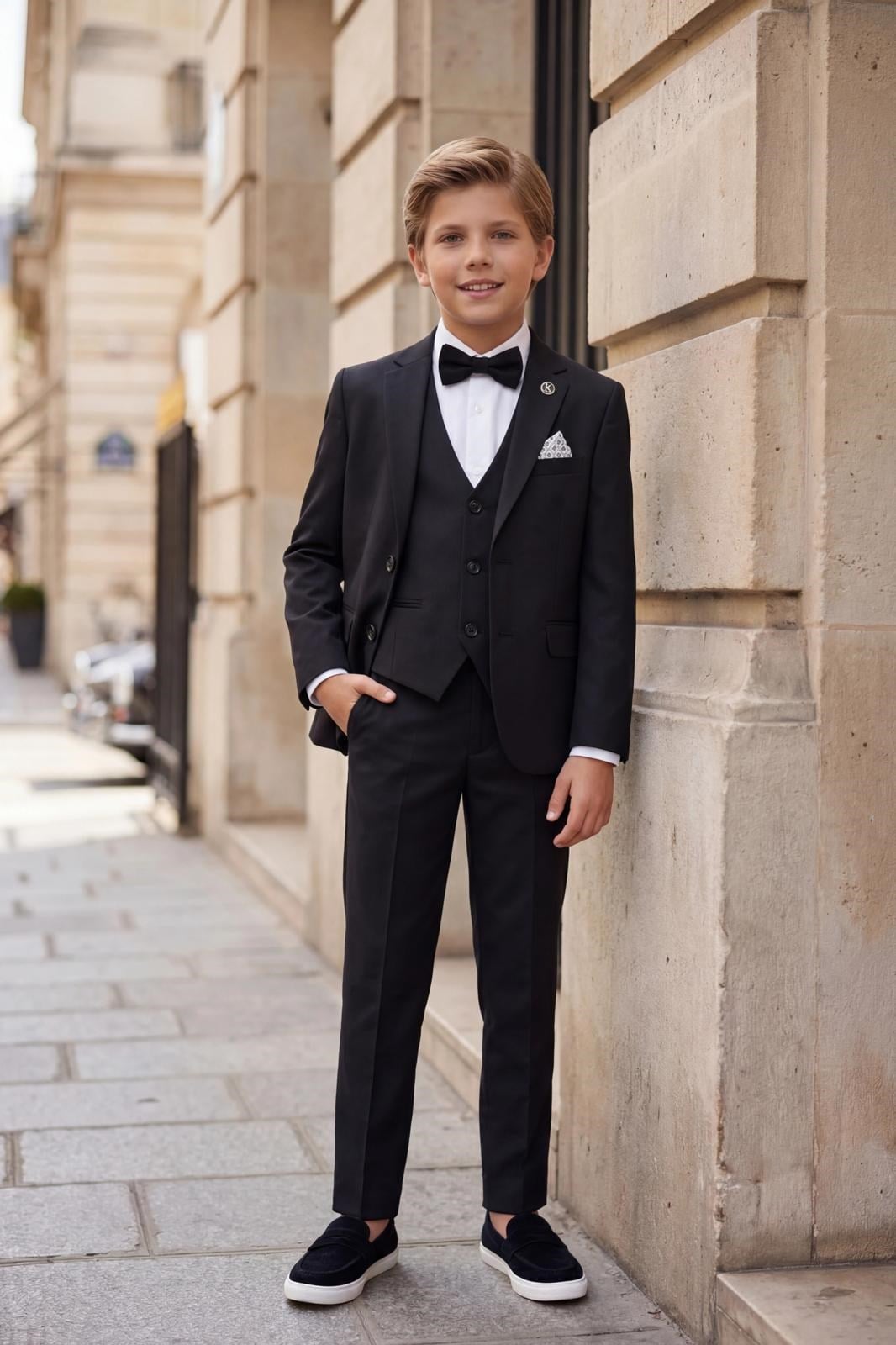 Erkek Çocuk Takım Elbise Siyah Ceket-Yelek-Gömlek-Pantolon -Papyon Takım Elbise 3-14 Yaş  